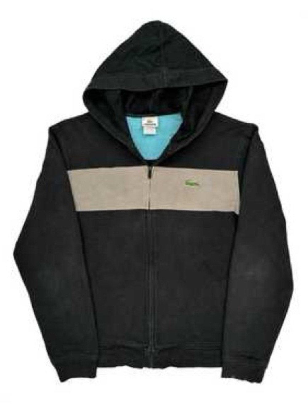 Lacoste Men's Zip-Up Tan & Black Color Block Hoodie Size: XL